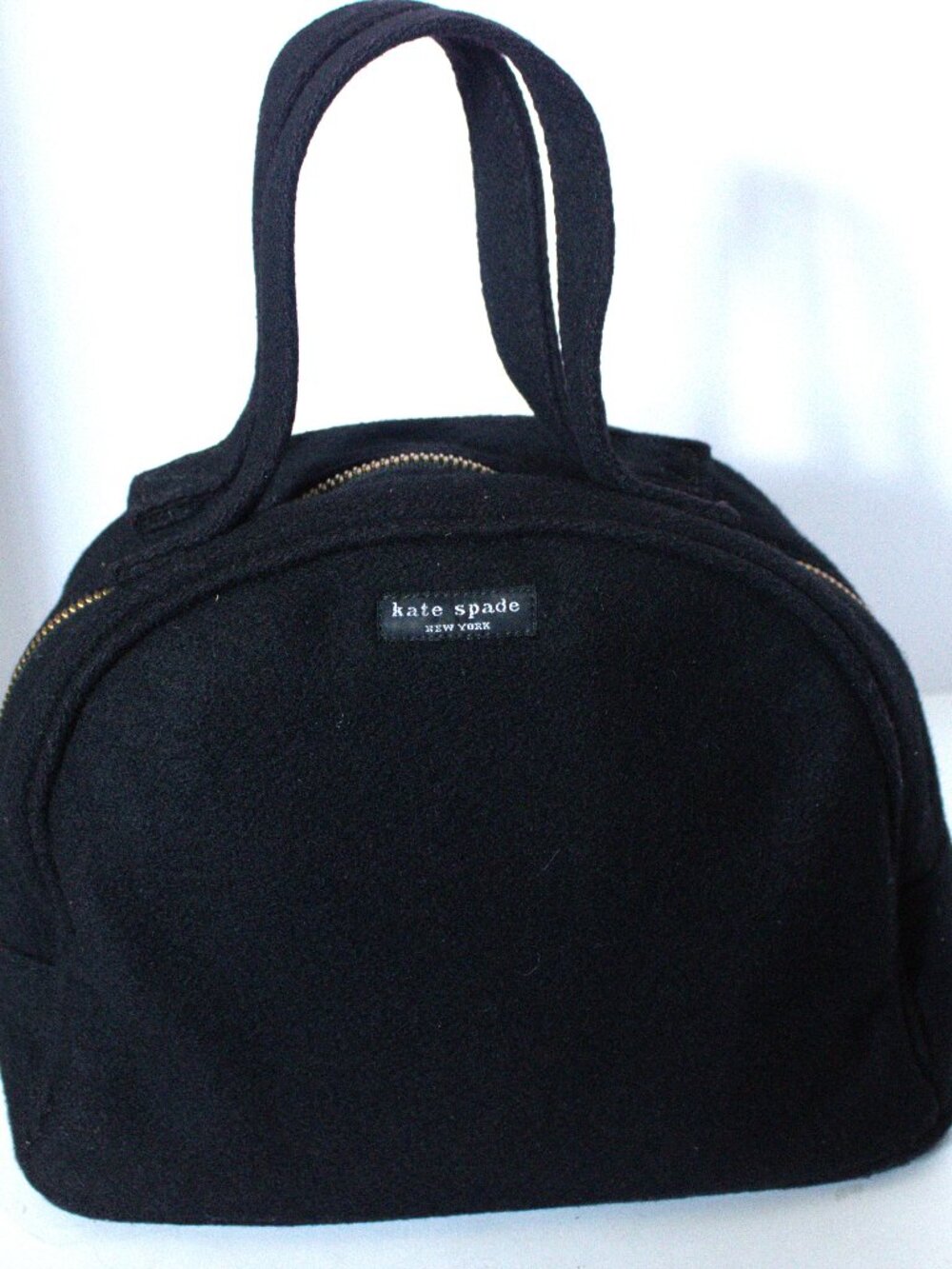 Kate Spade, Black Wool, Small Bowling Bag, Satchel. With Kate Spade Emblem